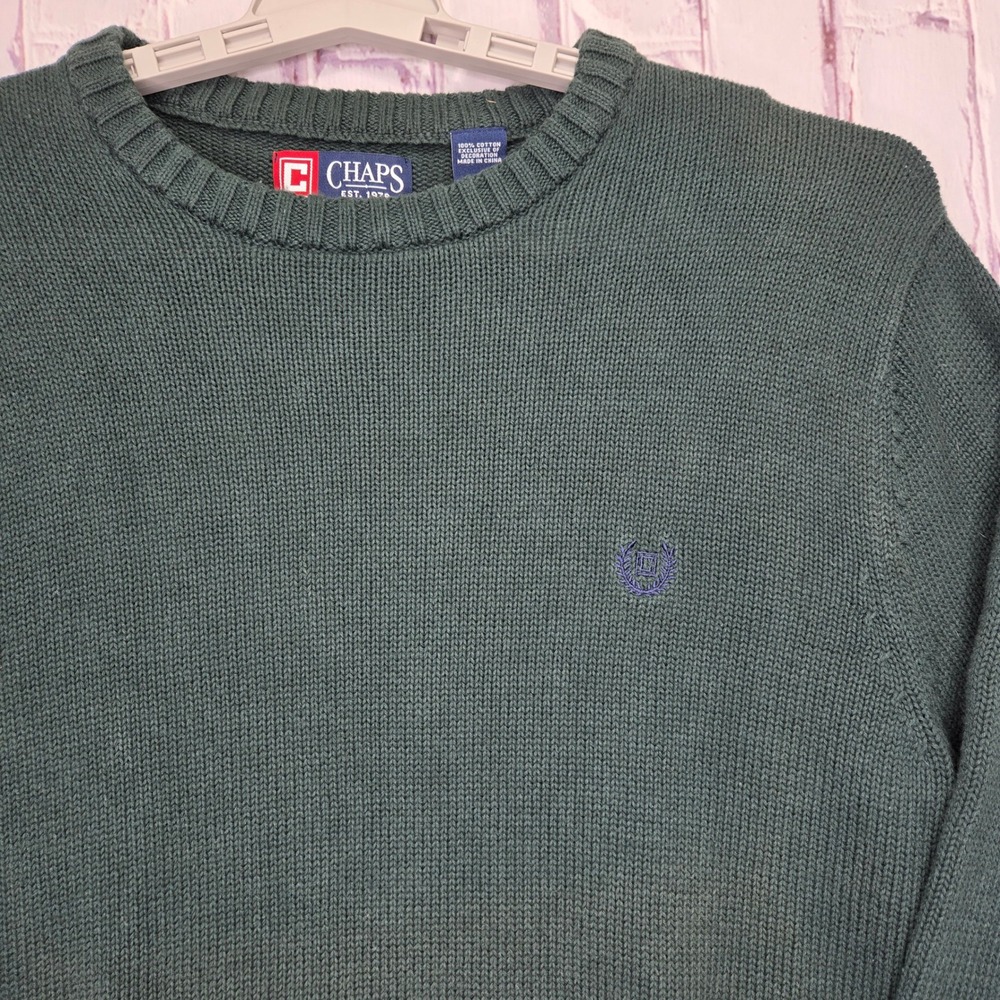 Chaps Crew Neck Long Sleeve Sweater Forest Green Cotton Stitched Logo‎ Men Sz L